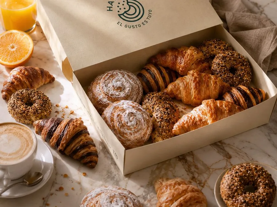 Caja de bollería de Hay Miga con café, para el desayuno