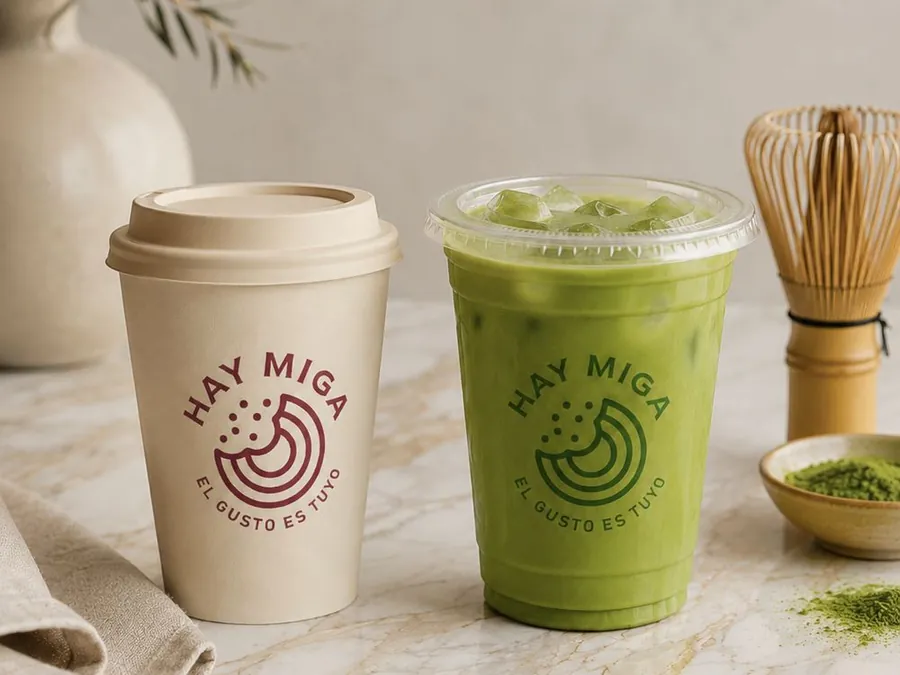 Café y matcha latte para llevar en vasos de Hay Miga