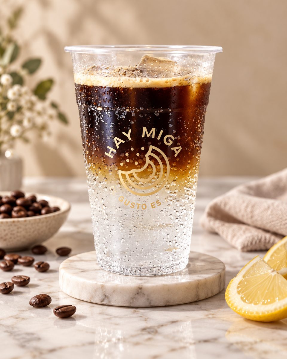 Espresso tonic de Hay Miga: espresso sobre tónica con hielo, en vaso con el logotipo