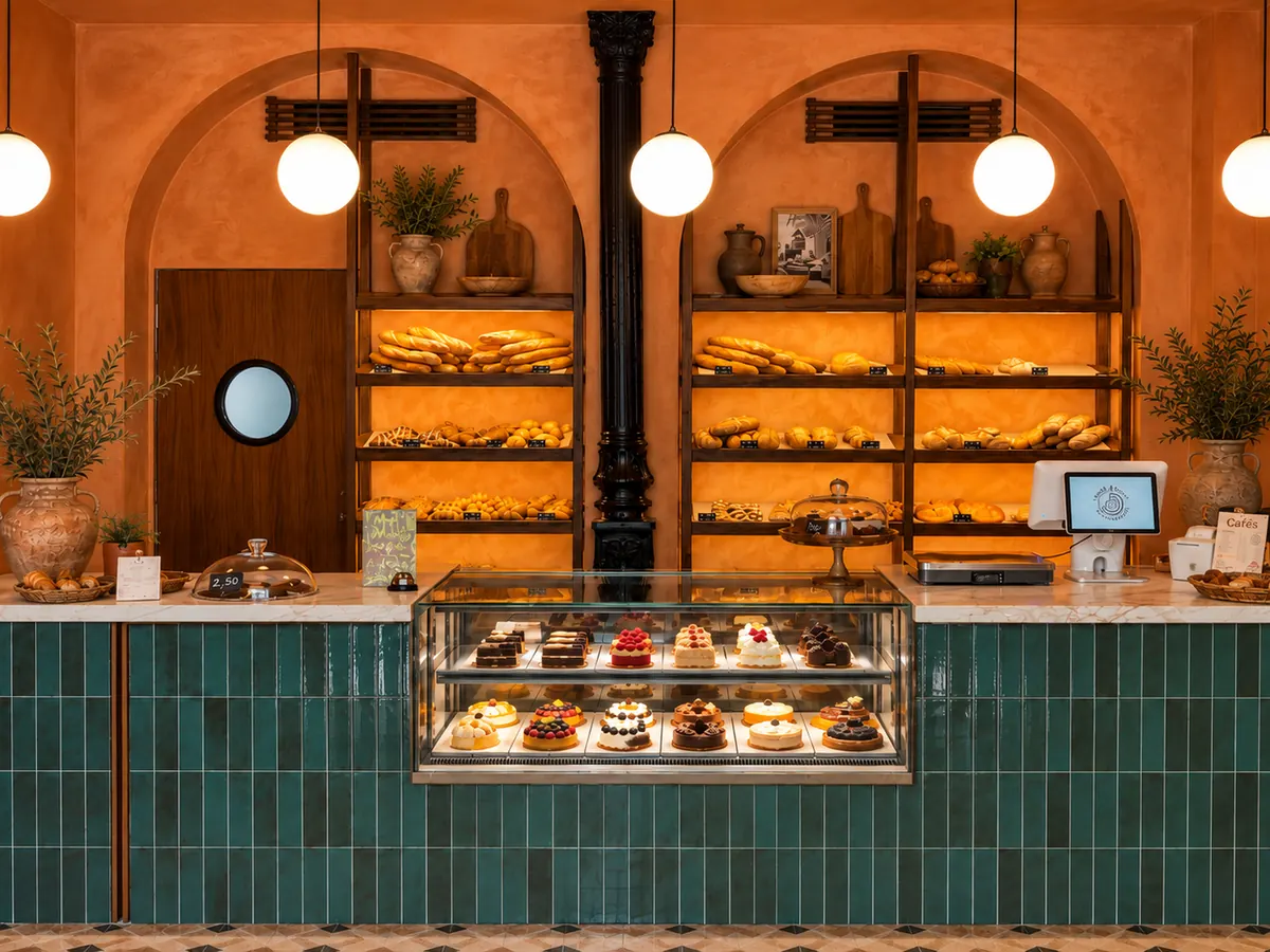 Mostrador de Hay Miga en Pacífico, Madrid: azulejo verde, vitrina de pastelería y estanterías de pan bajo dos arcos